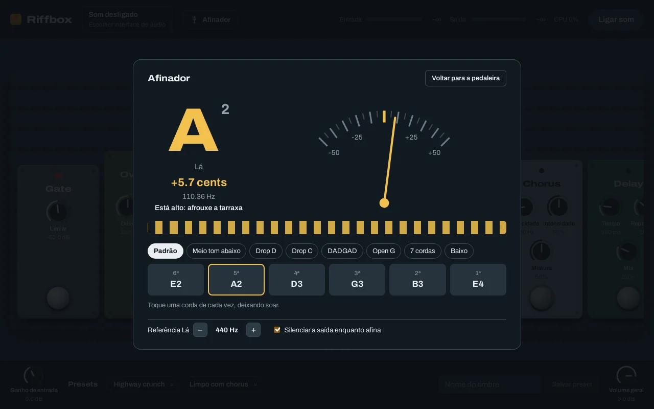 Afinador do Riffbox com agulha e estroboscópio