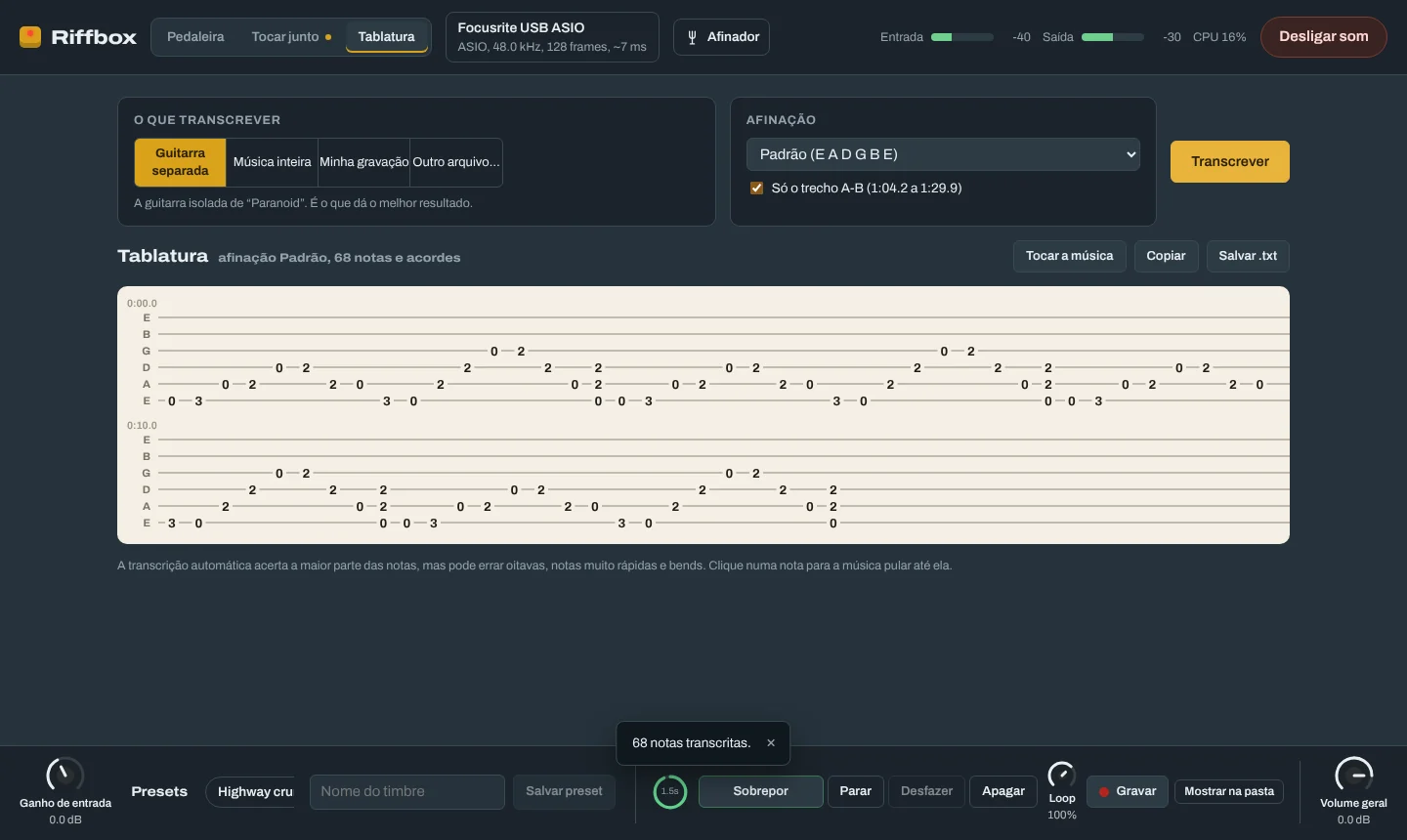 Tablatura gerada pelo Riffbox a partir de uma gravação